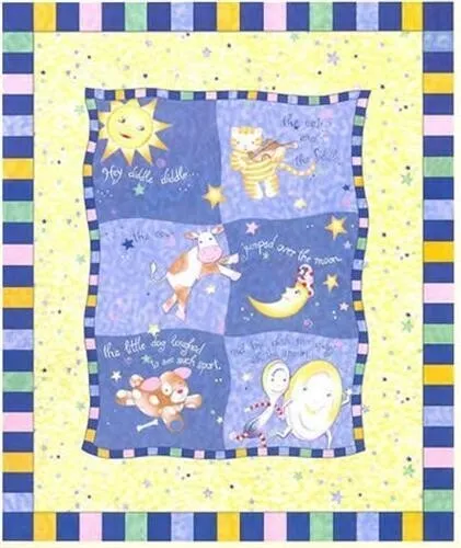 Nursery Rhyme Hey Diddle Diddle Moon Star Cow Quilt Panel Cotton Fabric 34525
