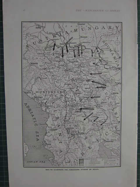 1916 Wwi Ww1 Print ~ Map Illustrating The Converging Attacks On Servia Bulgarian