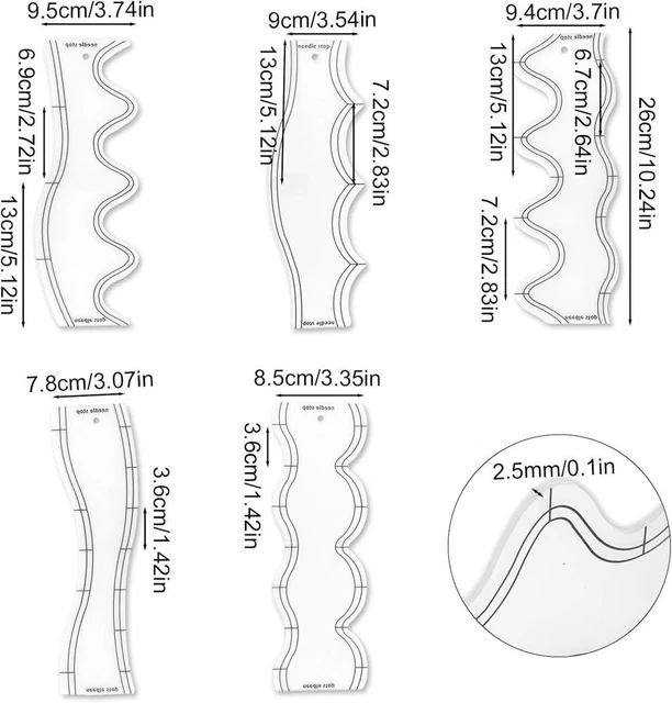 5PCS FREE MOTION Quilting Templates, Acrylic Waves Quilting Rulers for