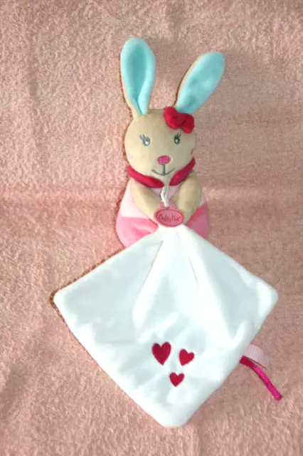 Babynat Doudou Lapin Perle Rose Bleu Avec Mouchoir Blanc Coeurs Etat Neuf