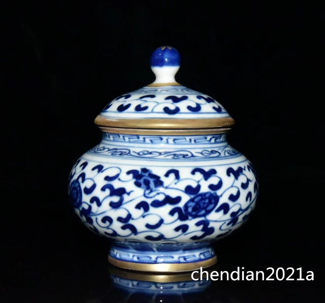3.6" China Old porcelain Qing Qianlong blue and white gilt flower lid jar