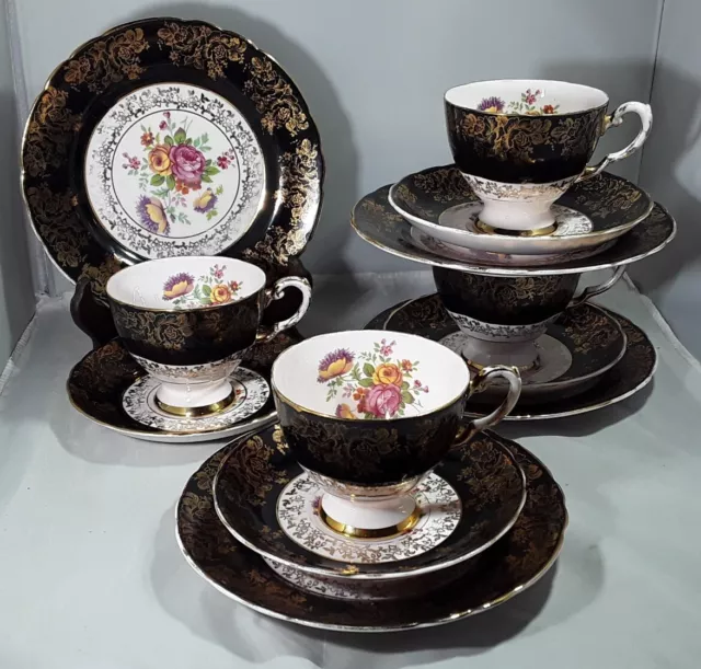 Vintage Tuscan Fine Bone China Part Tea Set 12 Pieces Pink Black Gilding Flowers