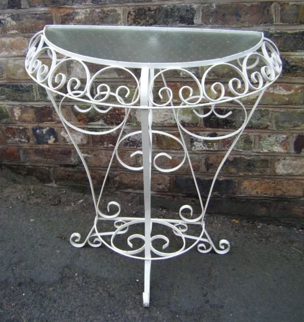 VINTAGE WROUGHT IRON Table Hall Scroll Half Moon Console Glass Top