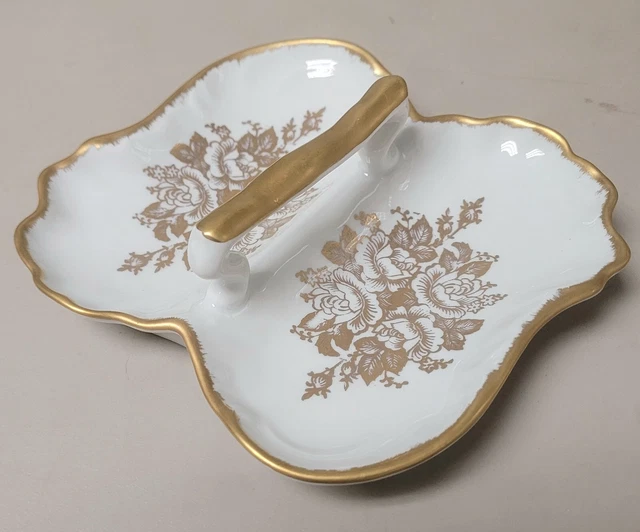 VINTAGE LIMOGES FRANCE Gold Floral Pattern 2 Part Divided Candy Nut