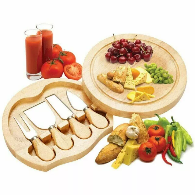 NEW Oval Cheese Board Wooden Board With Slide Out Drawer Set of 4 Knives Kitchen