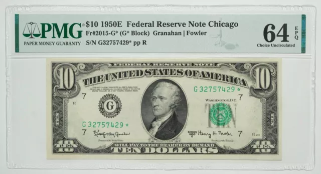 1950 E Series $10 Ten Dollar FRN Fr #2015-G* Granahan/Fowler PMG Graded 64 EPQ