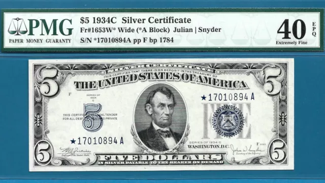 $5 1934 C Silver Certificate ⭐Star Note⭐ Fr. 1653W* PMG 40 EPQ s/n   ⭐17010894A