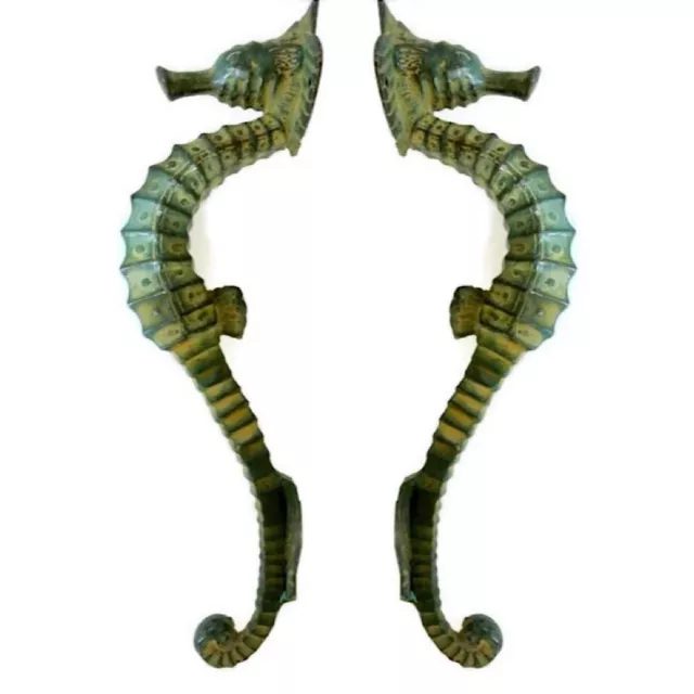 2 small SEAHORSE solid brass door AGED GREEN old style house PULL handle 10" B 2