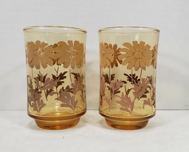 Vintage Libbey Amber Yellow Brown Daisy Small Juice Glasses 3 3/4" Tall, Set 2.