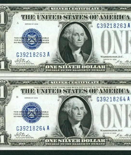 ((TWO CONSECUTIVE)) $1 1928 ((CHOICE AU)) (( FUNNYBACK )) Silver Certificate