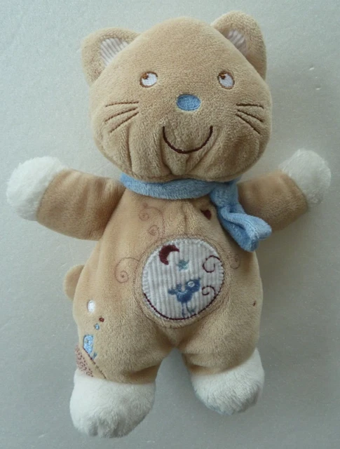 63. DOUDOU HOCHET POMMETTE CHAT BEIGE ECHARPE BLEU OISEAU 21cm grelot - TTBE