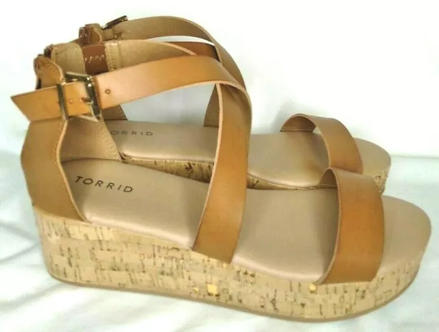 Torrid Brown Faux Cork Strappy Zip Back Wedges Size 10.5 W NWT
