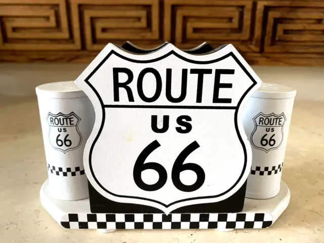ROUTE 66 Retro Diner Wooden Salt and Pepper Shakers with Stand