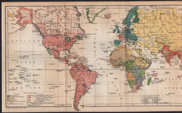 Landkarte map 1904, VERTEILUNG DER STAATSFORMEN und KOLONIALVERFASSUNGEN