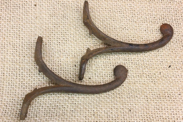 2 Old Single Coat Hooks 1850’s Farmhouse Wardrobe Rustic Rusty Cast Iron 2 5/8"