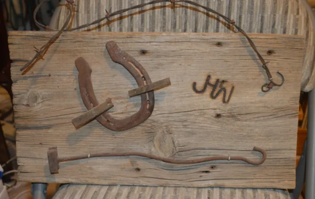 Primitive Western Wall Hanging: Horseshoe, Branding Iron, Barbed wire