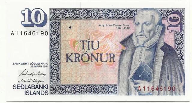 Iceland - bank note Of 10 Kronur 29 Mars 1961 New Alpha Series A11646190! P.48a