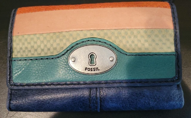 Fossil Leather Wallet Vintage Pink Multi Color Stripes Keyhole
