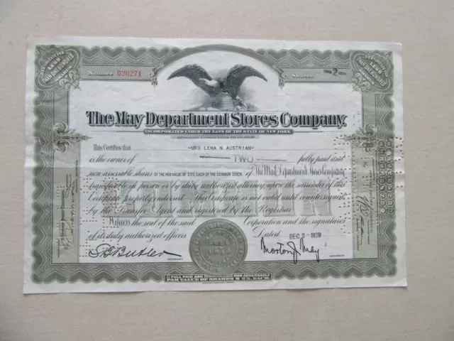 The May Department Stores Co. Stock Certificate - Two Shares Issued Dec 2, 1929