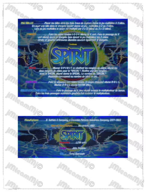 Gottlieb Spirit 1982 FRENCH Cartes Instructions Flipper Custom Pinball