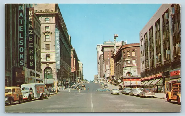 Postcard NE Omaha Douglas Street c1950s View Ice Cream Delivery Truck Cars U06