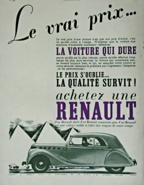 1937 Renault Automobiles Press Advertisement The Car That Lasts