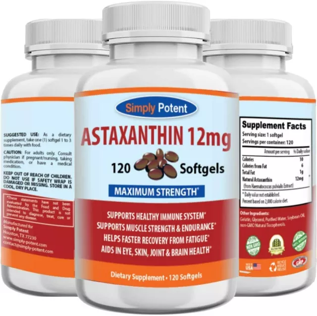 Astaxanthin 12mg 120 Softgels, High Potency Triple Strength Antioxidant Gel Cap