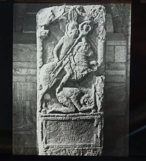 Glass magic lantern slide ROMAN STANDARD BEARER PHOTO HEXHAM ABBEY (J34)