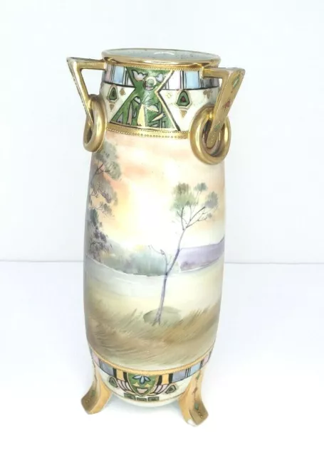 Nippon Vase Hand Painted Footed Vase 12" Trees Nature Asian Egyptian A18-5 2