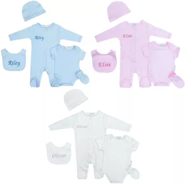 Baby Girl Boy Personalised Sleepsuit Bodysuit Bib Mitts Hat Name NB-6 Mths