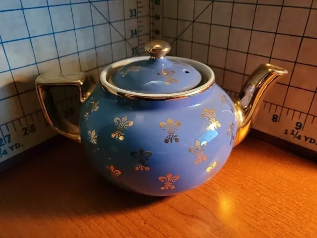 Hall China Cyan Blue & Gold Fleur De Lis 6 Cup Boston Teapot MCM USA Made