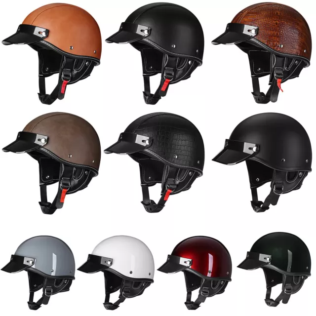 DOT Vintage Motorcycle Half Open Face Helmet Leather Scooter Helmet Jet Helmet