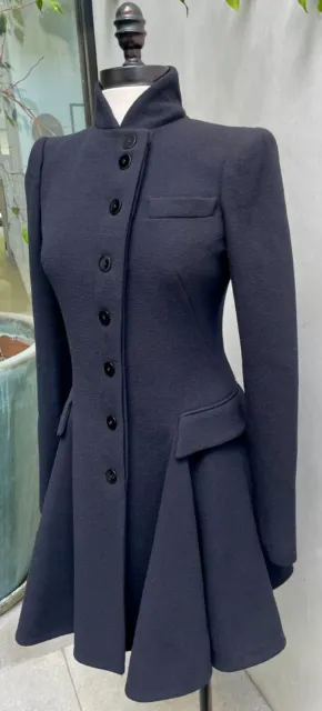 Beautiful, Rare Alexander Mcqueen 100% Wool, Navy Blue, Flare Coat  It38 ( Us 2)