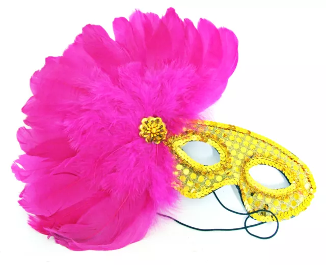 GYPSY GOLD Mardi Gras Mask Pink Feather Party Halloween Masquerade Prom Party