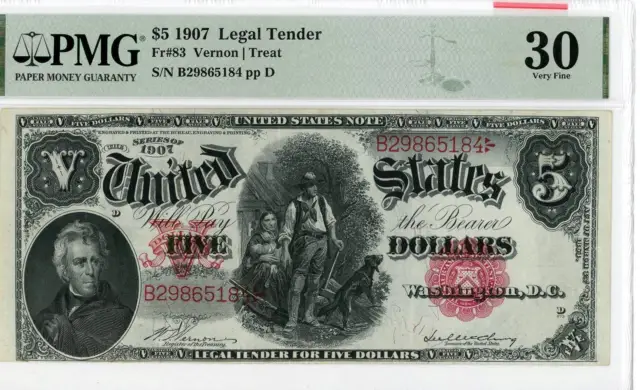 NobleSpirit No Reserve US 83 1907 $5 Small Red Scalloped Legal Tender PMG 30