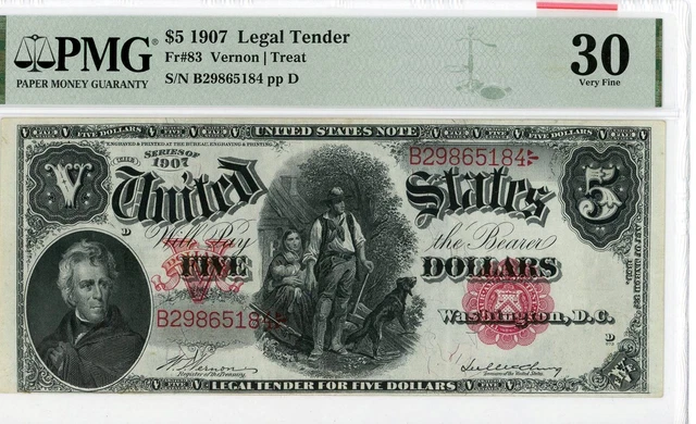 NobleSpirit No Reserve US 83 1907 $5 Small Red Scalloped Legal Tender PMG 30