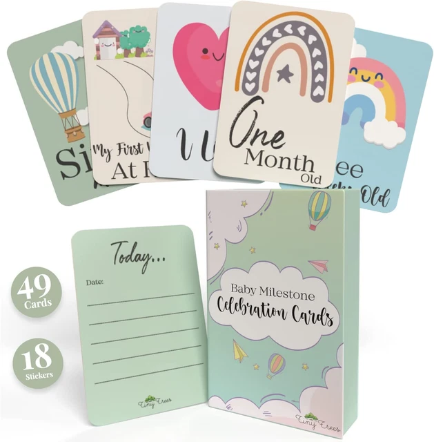 Tarjetas y pegatinas de hitos para bebés en caja de regalo - 49 tarjetas de momento para bebés 18