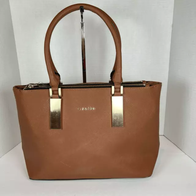 Calvin Klein Handbag Tan Brown Saffiano Leather Size Medium Tote Double Zipper