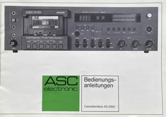 ASC Electronic Cassetten Deck AS 3000 original Bedienungsanleitung Top Zustand