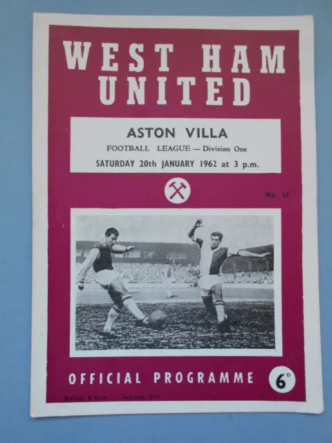West Ham Aston Villa 1961/62 League Division One mint condition