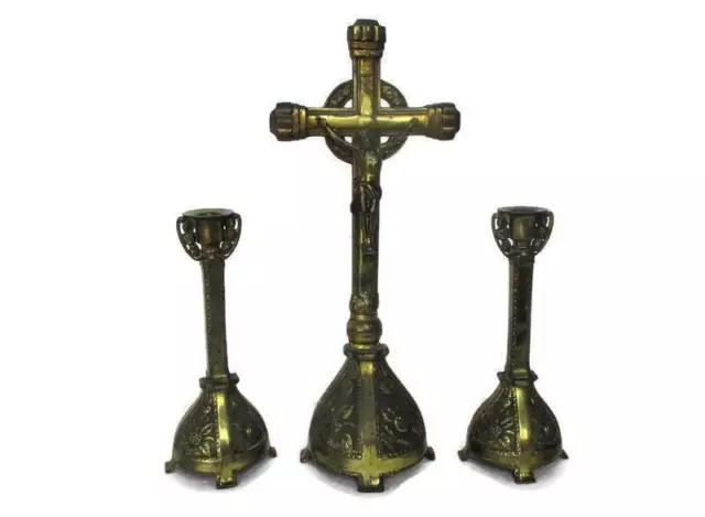 Altar Set Gorgeous Standing Crucifix with two Candelabras Ornate Embossed Brass