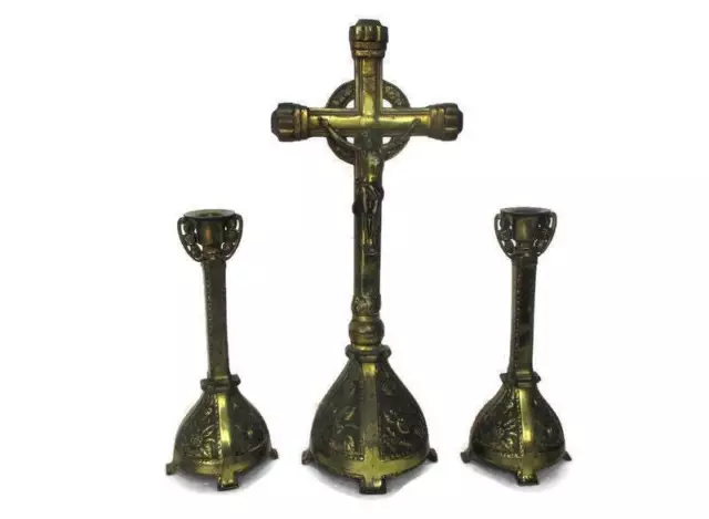 Altar Set Gorgeous Standing Crucifix with two Candelabras Ornate Embossed Brass Altar Set Gorgeous Standing Crucifix with two Candelabras Ornate Embossed Brass