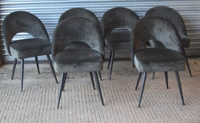 Set of Six Mid Century Style Green Velvet Accent Dining Chairs Black Metal Legs