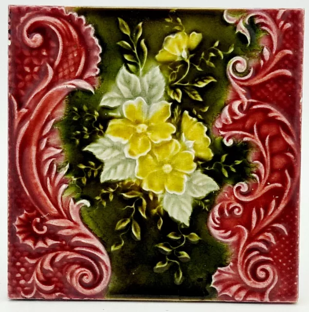 Antique Fireplace Tile Moulded Majolica Pilkington C1894 AE2