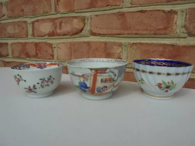 3 Antique 19th C Chinese Export Porcelain Handleless Cups People Flowers Etc