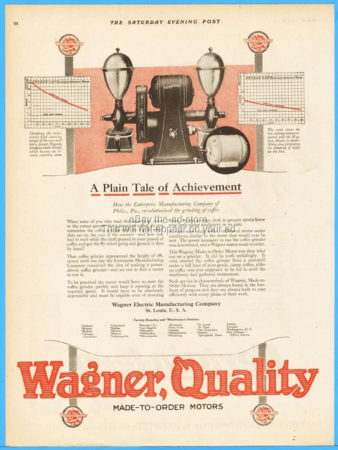 1920 Wagner Electric St Louis MO Coffee Grinder Enterprise Co Philadelphia Ad