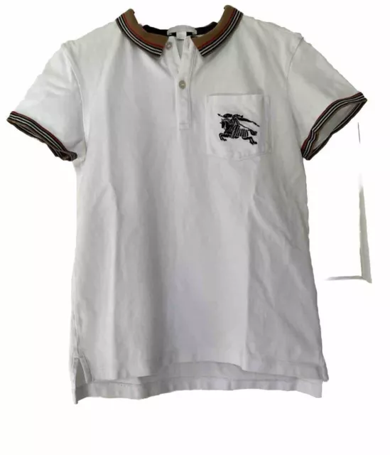 Burberry Children Boys Kids White Noel Polo Shirt Icon Stripe Collar Cuff 14Y