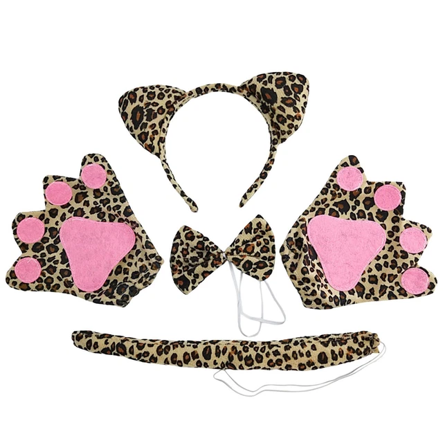 4x Ears Tail Bow Tie Animal Dress Set Leopard Costume Set for Girls Friends