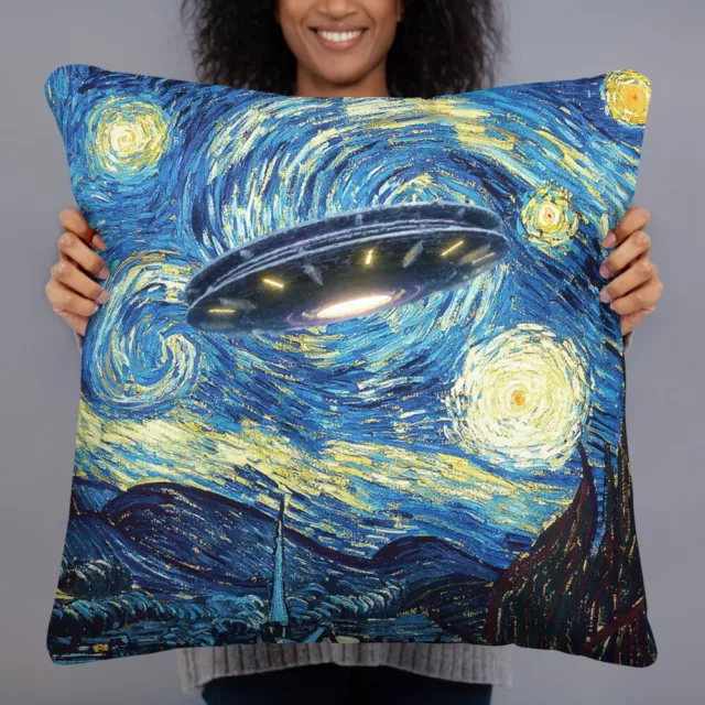 UFO Alien Abduction Starry Night Van Gogh Painting Basic Pillow
