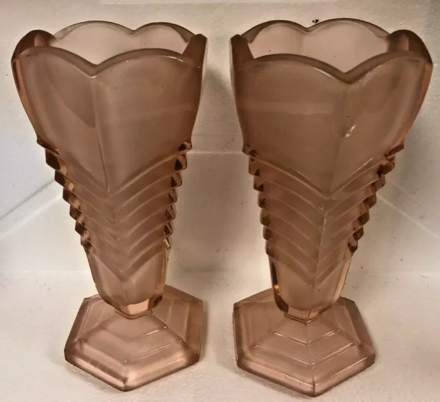Pair Of Art Deco Pink Frosted Glass Vases
